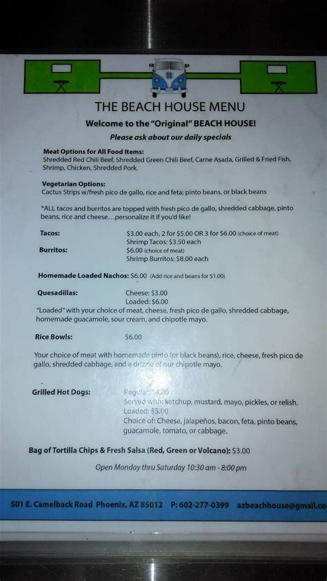 Menu at The Beach House restaurant, Phoenix, 501 E Camelback Rd