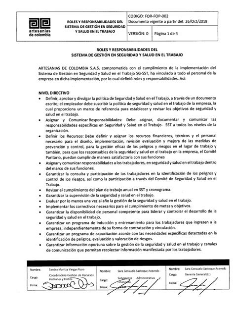 Roles Y Responsabilidades Del Sg Sst Pdf Seguridad Y Salud