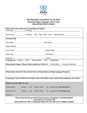 Fillable Online Bobrumball ASL Class Registration Form 2010doc