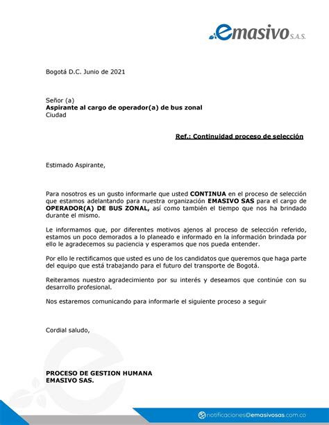 Carta De Continuidad Para Bogot D Junio De Se Or A Aspirante