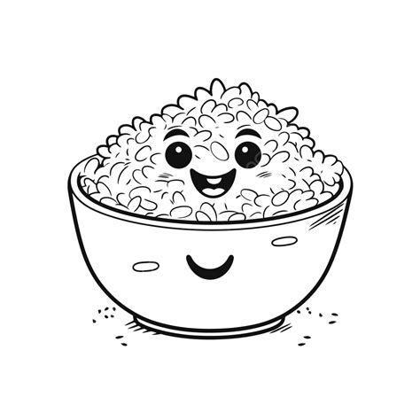 Cartoon Rice In A Bowl With Smiling Face Outline Sketch Drawing Vector