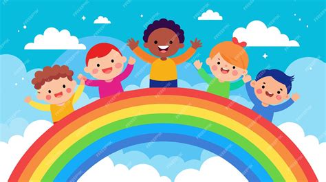 A Group Of Children Are Standing On A Rainbow Premium Ai Generated Vector