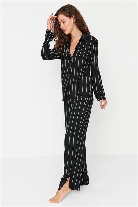 Trendyol Collection Black Striped Slit Detailed Viscose Shirt Pants