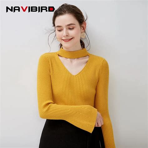 Sexy V Neck Knitted Sweater Women Casual Yellow Pullovers Knitwear