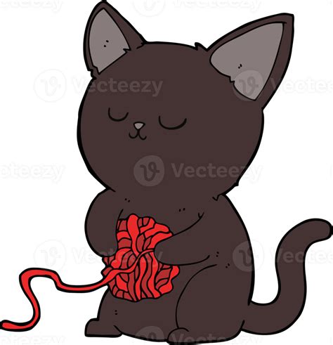 Cartoon Cute Black Cat Playing With Ball Of Yarn Png