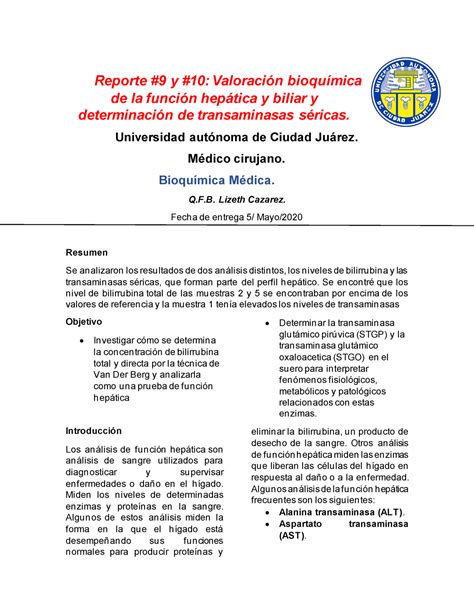 Practica Función Hepatica Y Biliar Reporte 9 y 10 Valoración