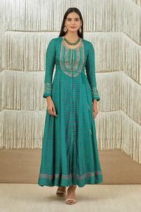 Buy Green Dola Silk Printed Floral Round Zardozi Embroidered Anarkali