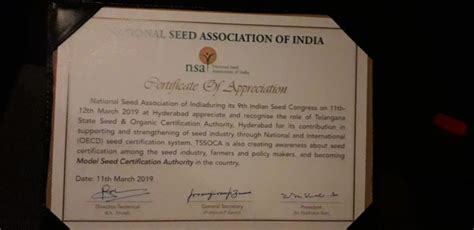 Tssoca As Model Seed Certification Authority In Country Awarded By Agriculture Secretary