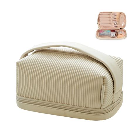 Travel Portable Beige Cream Pu Leather Toast Double Layer Makeup