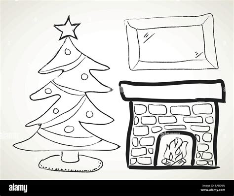 drawing of a Christmas tree next to a fireplace Stock Vector Image ...