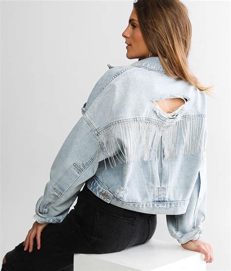 Veveret Rhinestone Fringe Cropped Denim Jacket Womens Coatsjackets In Light Denim Buckle