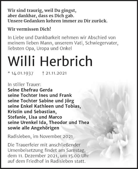 Traueranzeigen Von Willi Herbrich Abschied Nehmen De