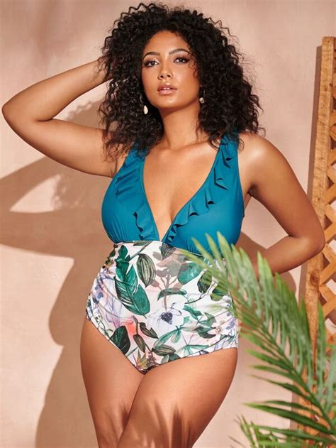 Plus Tropical Ruffle One Piece Swimsuit Shein Usa