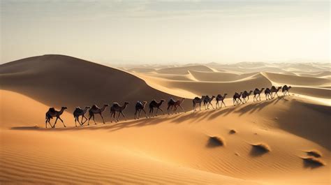 Camellos Caminando En El Desierto Al Atardecer Foto Premium