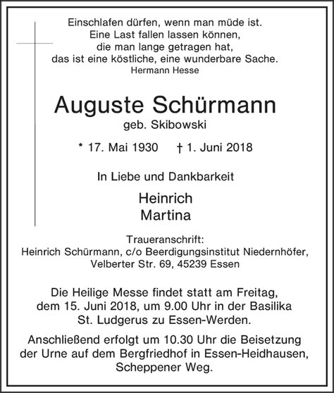 Traueranzeigen von Auguste Schürmann Trauer in NRW de