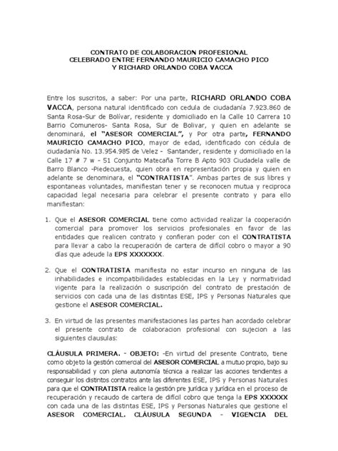 Contrato De Colaboracion Profesional Pdf Conceptos Legales