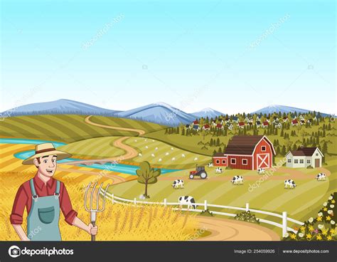 Cartoon Farmer Front Colorful Farm Barn Crops Cows Stock Vector by ...