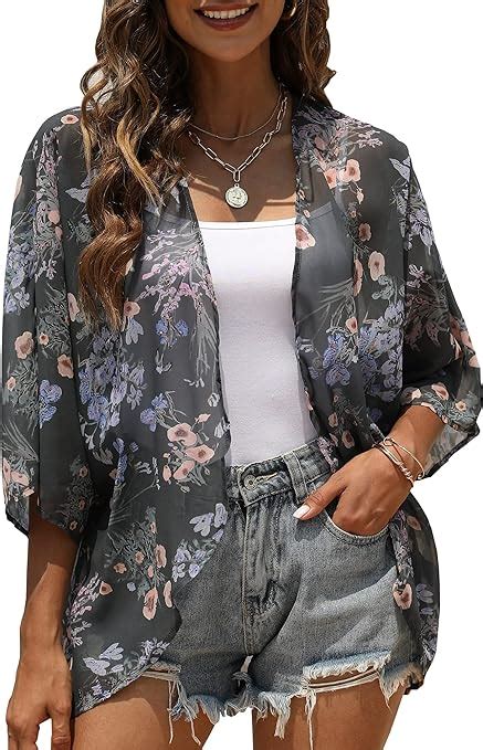 Chunoy Women Floral Print Lightweight Chiffon Kimono Cardigan Short