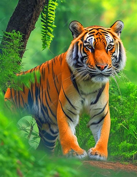 Premium Photo | Beautiful bengal tiger with lush green habitat background