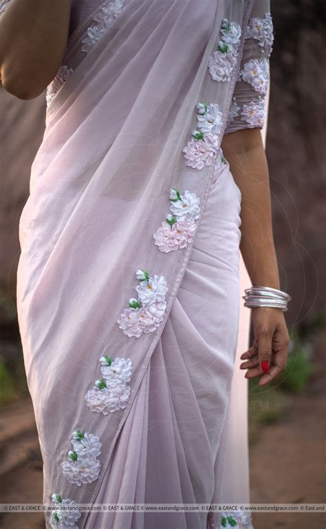 Swan Pure Silk Chiffon Ribbon Embroidered Saree East And Grace