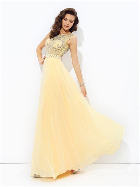 A Line Princess Bateau Beading Sleeveless Long Chiffon Dresses Hebeos