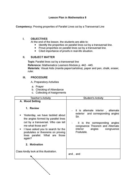 Lesson Plan In Parallel Lines Cut By A Transversal Line Lesson Plan