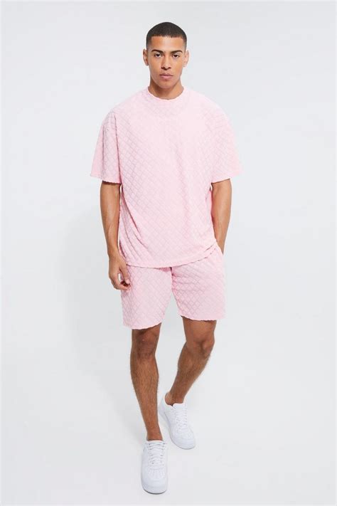 Mens Oversized Diamond Towelling T Shirt And Short Set Boohoo Uk