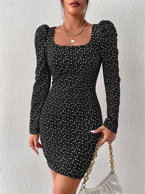 Shein Priv Heart Print Puff Sleeve Polka Dot Bodycon Dress Shein Usa