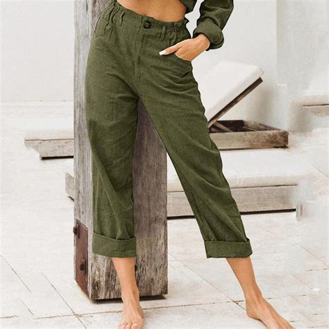 Kaufe Frauen Sommer Casual Baumwolle Leinen Elastische Taille Hose