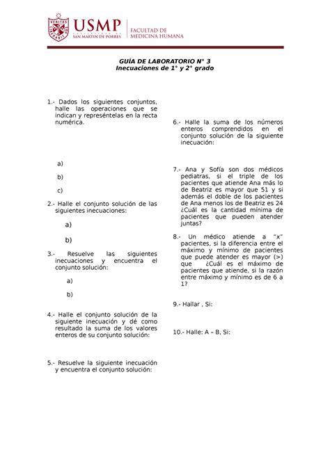 Inecuaciones de 1er y 2do Grado GUÍA DE LABORATORIO N 3 Inecuaciones