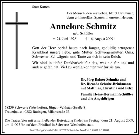 Traueranzeigen Von Annelore Schmitz Trauer In NRW De