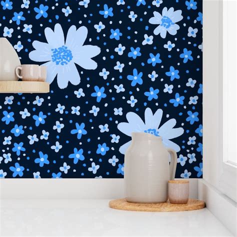 Blue flowers on navy blue background Wallpaper | Spoonflower