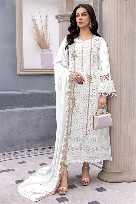 Embroidered Faux Georgette Pakistani Suit In White Ucchal Fashion