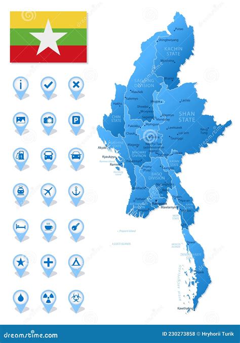 Blue Map Of Myanmar Administrative Divisions With Travel Infographic