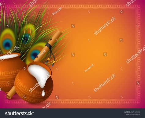 Happy Krishna Janmashtami Background Pots Bansuri Stock Vector (Royalty ...