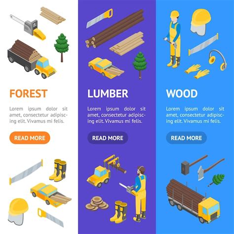 Lumberman Woodcutter Signs 3d Banner Vector Set Visão Isométrica Inclui