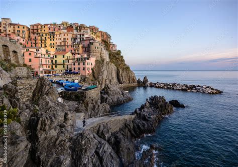 Das Dorf Manarola Bei Sonnenuntergang Cinque Terre Riviera Di Levante