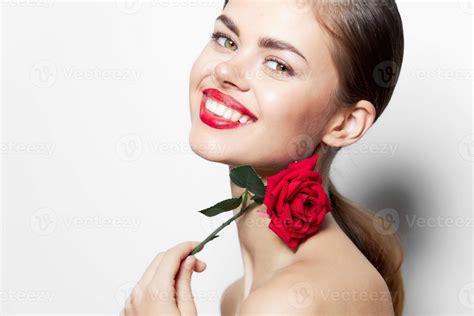 Woman With Rose Wide Smile Red Lips Charm Naked Shoulders Charm Light