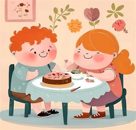 Cartoon Illustration Of A Boy And A Girl Eating A Cake At Home Stock