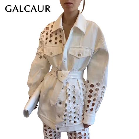 Galcaur Korean Denim Hole Jacket Women Lapel Collar Long Sleeve High