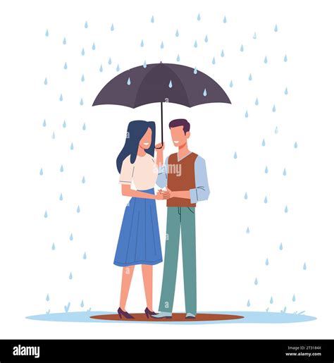 Couple In Love Standing Under Umbrella In Rain Romantic Relationships Autumn Season People