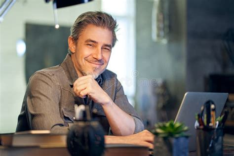 Portrait Of Middle Aged Bearded Guy At Home Older Handsome Man Smiling