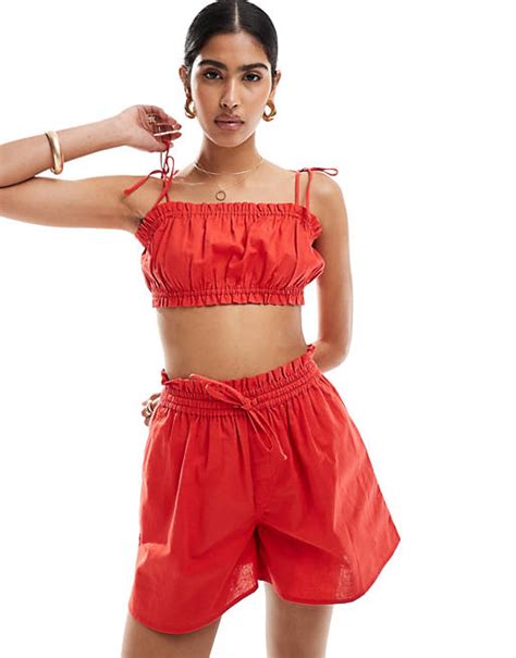 Asos Design Crop Top With Ruffle And Tie Detail In Red Co Ord Asos