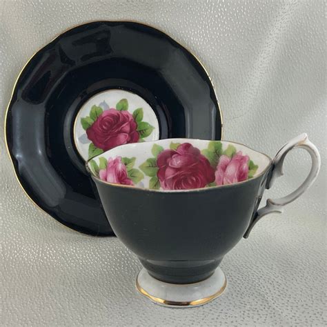 Old English Rose Black Royal Albert Malvern Shaped Teacup And Saucer