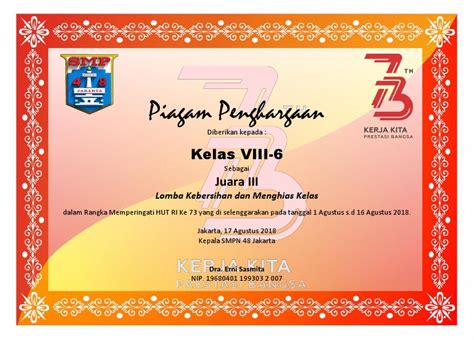 Detail Piagam Penghargaan Juara Lomba Kebersihan Kelas Koleksi Nomer 12