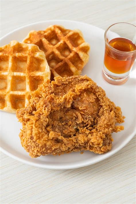 Fried Chicken Waffle With Honey Or Maple Syrup Stock Photo Image Of