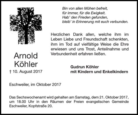 Traueranzeigen von Arnold Köhler Aachen gedenkt