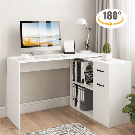 Hoffree 180 Degree Rotating Computer Desk L Shaped Corner Computer Desk