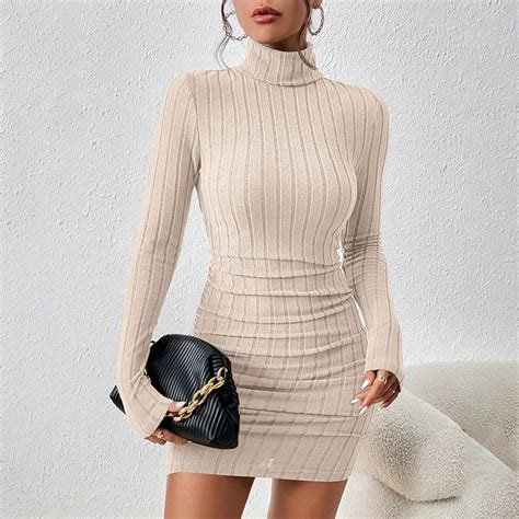 Nowe Solidne Sukienki Jesie Zima Kobiety D Ugie R Kawy Turtleneck Sexy