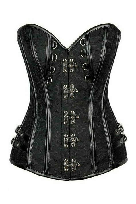 Top Drawer Black Brocade And Faux Leather Steel Boned Corset Spicy Lingerie